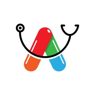 This logo is combination of two capsules and stethoscope logo a letter A shape Stock Illustration