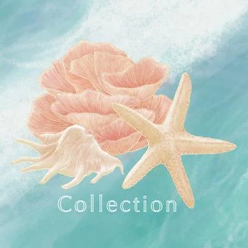 Logo, composition on a marine theme, a shell, corals and a starfish on the ba Stock Illustration