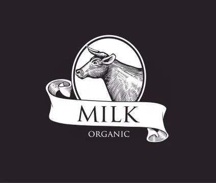 Logo Cow silhouette with Ribbons. Grunge Label for Milk. Stock Illustration