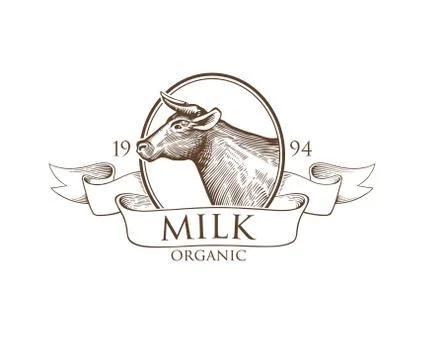 Logo Cow silhouette with Ribbons. Grunge Label for Milk. Stock Illustration