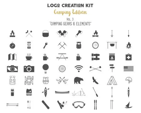 Logo creation kit bundle. Camping Edition set. Travel gear, vector camp symbols 스톡 일러스트