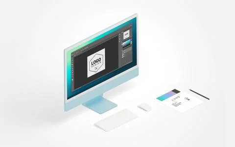 Logo creation process on computer display, alongside paper sketch and pen Stock Photos