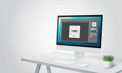 Logo creation software interface on modern computer screen display Stock Photos