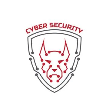 Logo cyber security. Security agency sign. Shield protection and dog on him. Stock Illustration