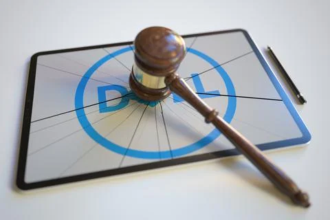 Logo of DELL on the tablet computer screen hit by judge's gavel. Court related Stock Illustration