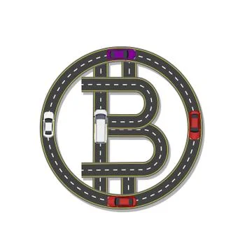 Logo design bitcoin. stylized road, highway with marking. Movement of cars an Stock Illustration