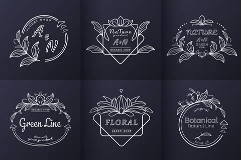 Logo design collection. Linear floral design elements. Nature product label Stock Illustration