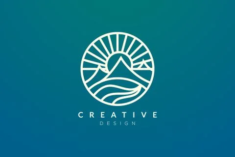 Logo design that combines circle objects with mountains. Minimalist and moder Stock Illustration