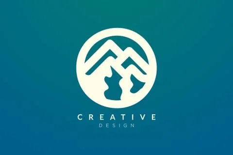 Logo design that combines circle objects with mountains. Minimalist and moder Illustrazione stock