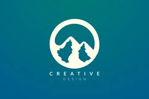 Logo design that combines circle objects with mountains. Minimalist and moder Illustrazione stock