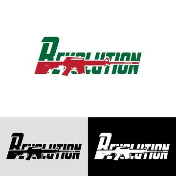 A logo design featuring the word "Revolution" with an assault rifle graphic. Stock Illustration