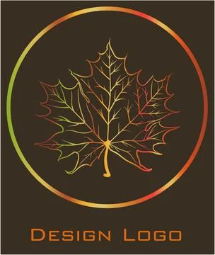 Logo design of a maple leaf inside a circle. Reflective golden color Stock Illustration