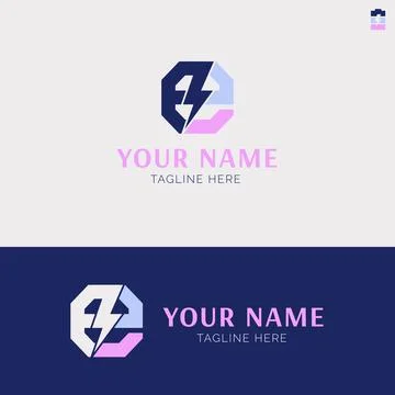 Logo design in an octagonal shape with a thunderbolt icon and the letters E.. Stock Illustration