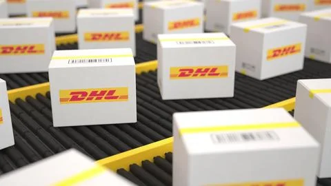 Logo of DHL on the white boxes on the conveyor. Editorial 3D rendering Stock Illustration