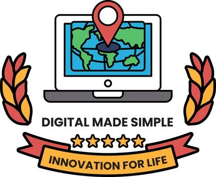 A logo for digital made simple that is a laptop with a map on it Stock Illustration