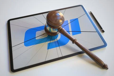 Logo of DJI on the tablet computer screen hit by judge's gavel. Court related Stock Illustration