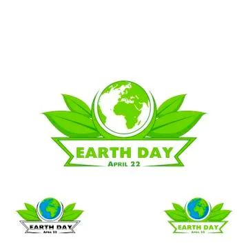 Logo Earth Day. Vector illustration with the words, planets and green leaves. Stock Illustration