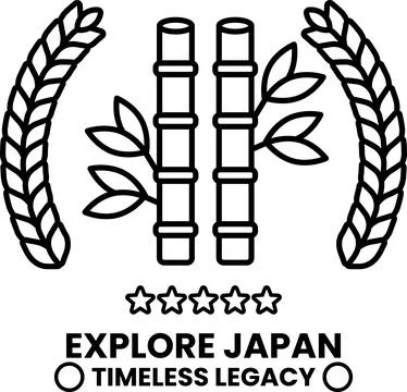 A logo for Explore Japan that has a bamboo tree and stars Stock Illustration