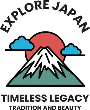The logo for Explore Japan is a mountain with a red sun in the background Stock Illustration