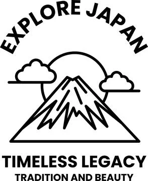 The logo for Explore Japan is a mountain with a sun in the background Stock Illustration