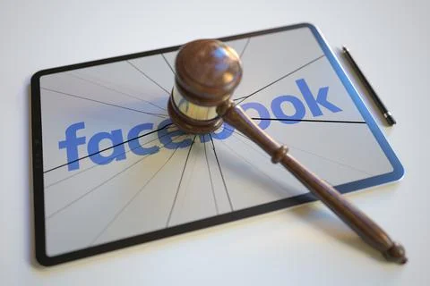Logo of FACEBOOK on the tablet computer screen hit by judge's gavel. Court Stock Illustration