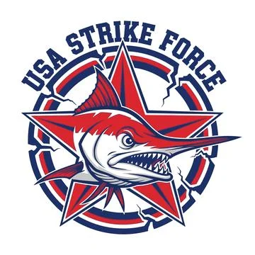 A logo featuring a marlin fish with a star and text tshirt design Stock Illustration