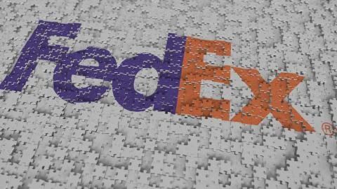 Logo of FEDEX being made with puzzle pieces, editorial 3D rendering Stock Illustration