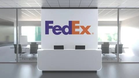 Logo of FEDEX on a wall in the modern office, editorial conceptual 3D rendering Stock Illustration