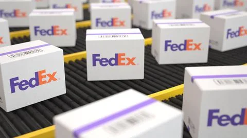 Logo of Fedex on the white boxes on the conveyor. Editorial 3D rendering Stock Illustration