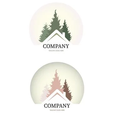 Logo in the form of a house in the forest. modern and minimalist style, geo.. Ilustración de archivo