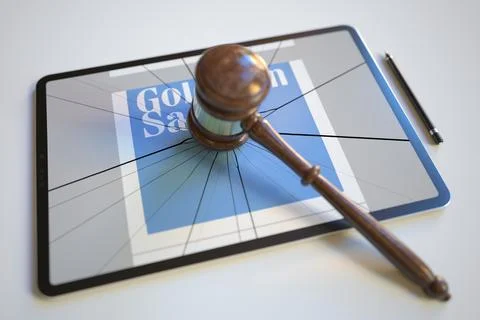 Logo of GOLDMAN SACHS on the tablet computer screen hit by judge's gavel. Court Stock-Illustration