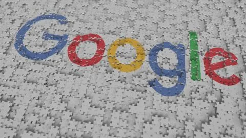 Logo of GOOGLE being made with puzzle pieces, editorial 3D rendering Stock Illustration