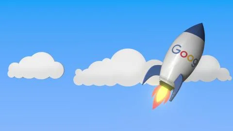 Logo of GOOGLE on a flying rocket. Editorial success related 3D rendering Stock Illustration