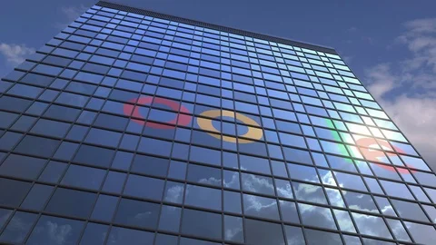 Logo of GOOGLE on a media facade with reflecting cloudy sky, editorial animation Stock Footage 109428253