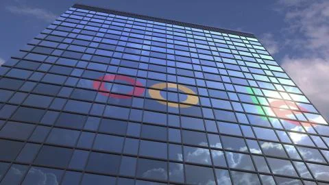 Logo of GOOGLE on a media facade with reflecting cloudy sky, editorial 3D Ilustración de archivo