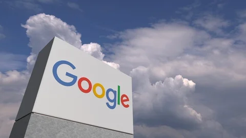 Logo of GOOGLE on a stand against cloudy sky, editorial animation Stock Footage 109171802