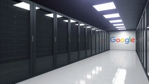 Logo of GOOGLE on the wall of a server room, editorial 3D animation Stock Footage 109644147