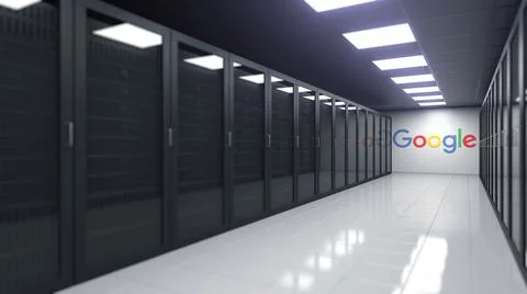 Logo of GOOGLE on the wall of a server room, editorial 3D rendering Stock Illustration