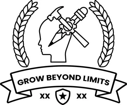 A logo for Grow Beyond Limits features a man's head with a hammer and a penci Stock Illustration