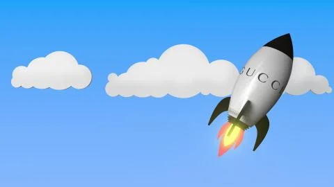Logo of GUCCI on a flying rocket. Editorial success related 3D rendering Stock Illustration