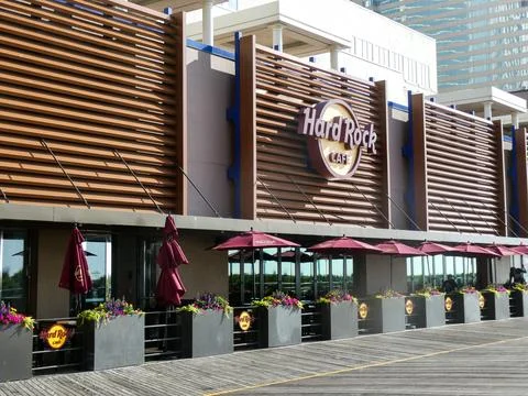 Logo for the Hard Rock Cafe located in the Hard Rock Hotel on the boardwalk.. Stock Photos