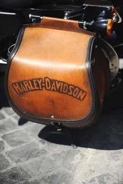Logo harley davidson on a leather tools bag Stock Photos