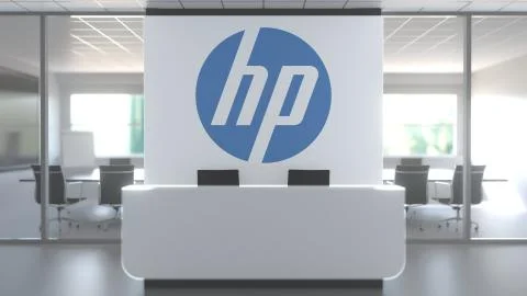 Logo of HEWLETT-PACARD HP on a wall in the modern office, editorial conceptual Stock Illustration