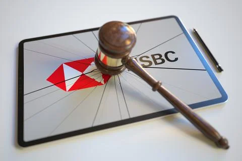 Logo of HSBC on the tablet computer screen hit by judge's gavel. Court related Stock-Illustration