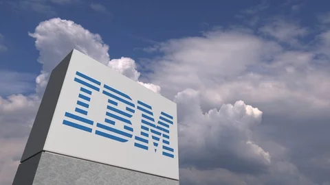 Logo of IBM on a stand against cloudy sky, editorial animation Video stock 109169188