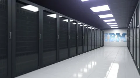 Logo of IBM on the wall of a server room, editorial 3D rendering Illustrazione stock