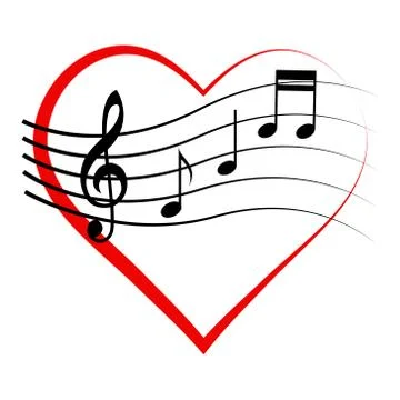 Logo icon heart with notes and treble clef, vector sign love for music Illustrazione stock