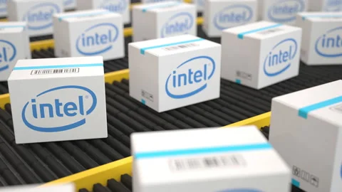 Logo of Intel on the white boxes on the conveyor. Editorial loopable 3D Stock Footage 203046971