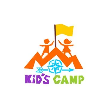 Logo of the kid's camp. Mountains, compass, flag and children Illustrazione stock