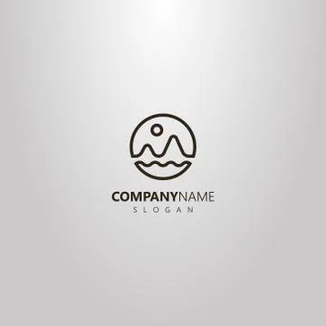 Logo of the landscape of two mountains, the sun and the waves of water Иллюстрация